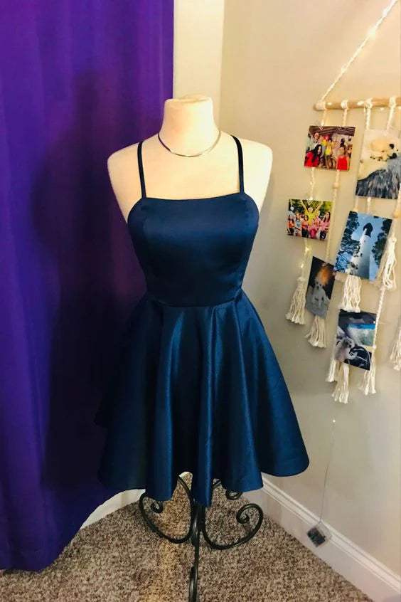 Navy Blue Satin Thin Shoulder Strap Short Back to School Dress