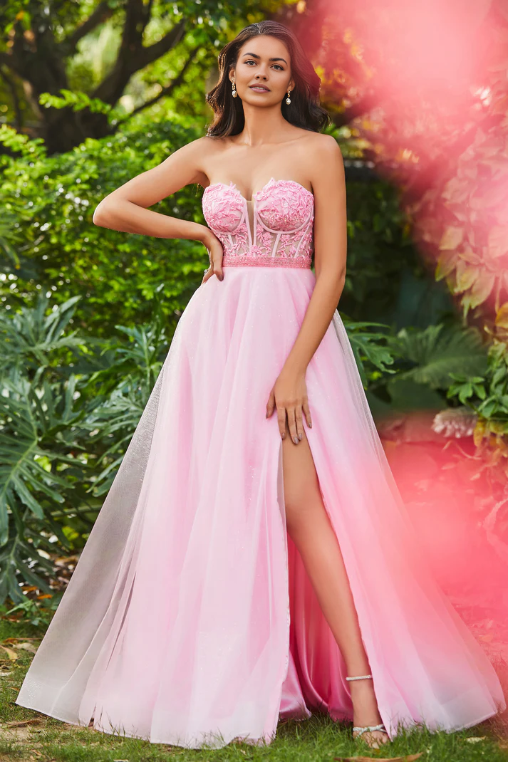 DingJiDress Formal Women's Dresses A-Line Sweetheart Strapless Slit Tulle Backless Lace Up Floor-Length Applique Beaded Prom Dresses