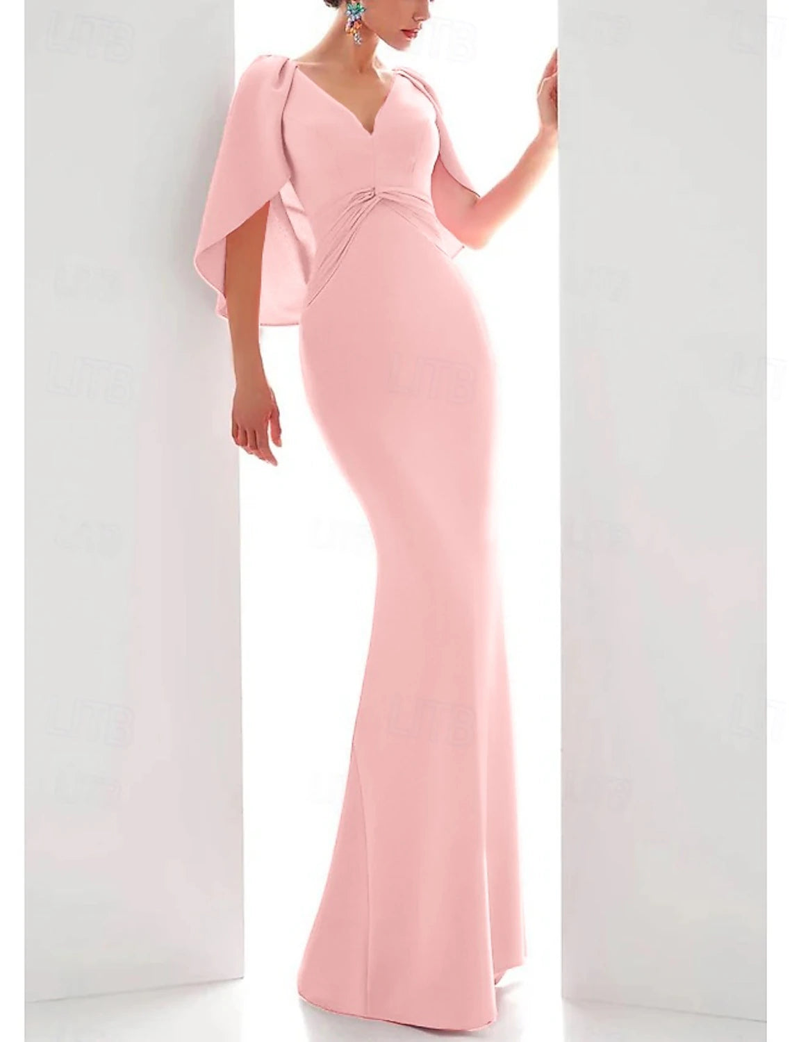 heath Evening Gown Elegant Dress Formal Fall Floor Length Short Sleeve V Neck Stretch Chiffon with Ruched Ruffles