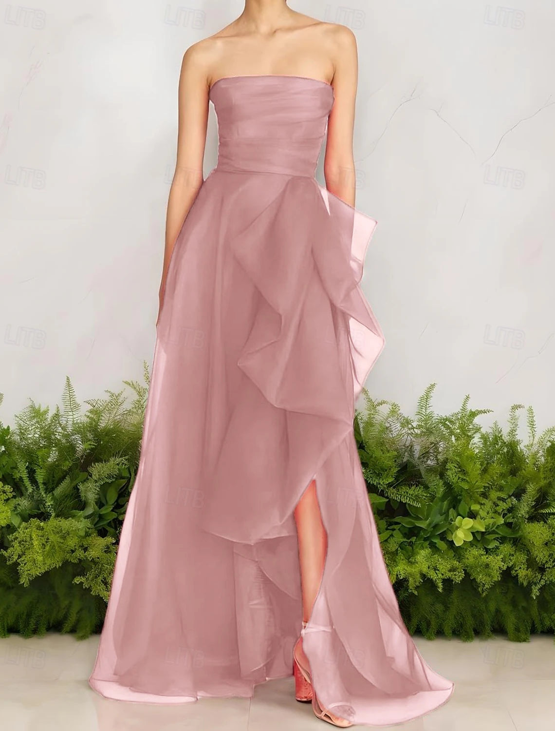 A-Line Evening Gown Celebrity Style Dress Formal Wedding Guest Floor Length Sleeveless One Shoulder Organza with Ruched Ruffles Slit