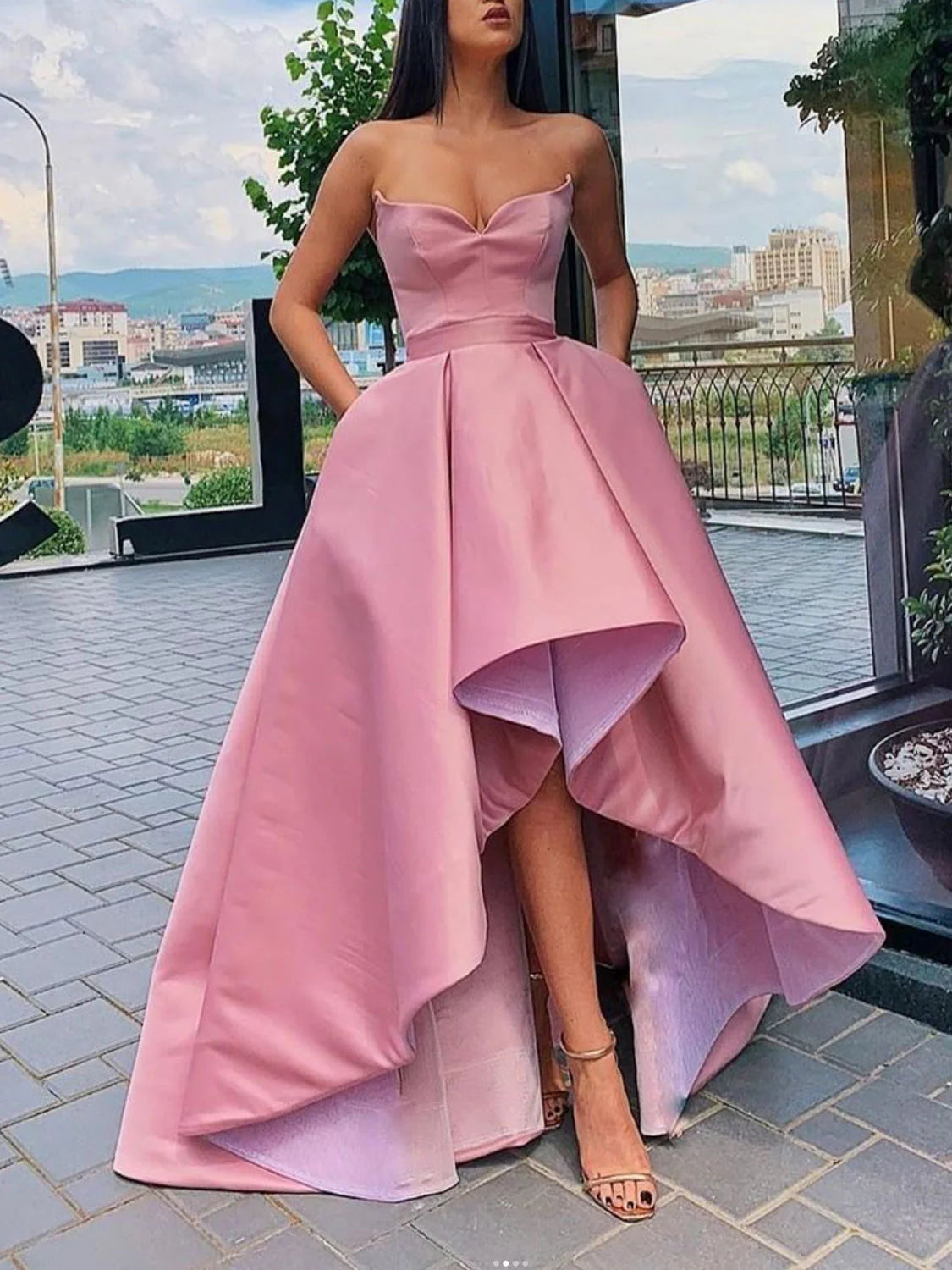 Simple high low satin prom dress satin evening dress