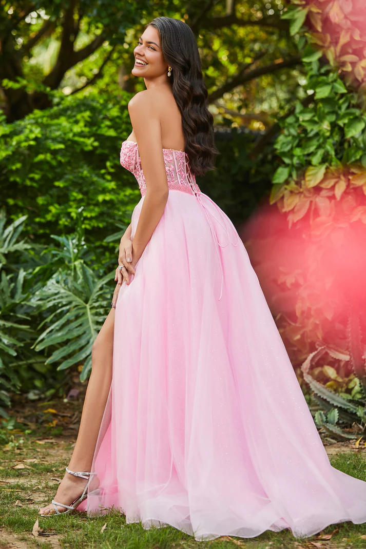 DingJiDress Formal Women's Dresses A-Line Sweetheart Strapless Slit Tulle Backless Lace Up Floor-Length Applique Beaded Prom Dresses
