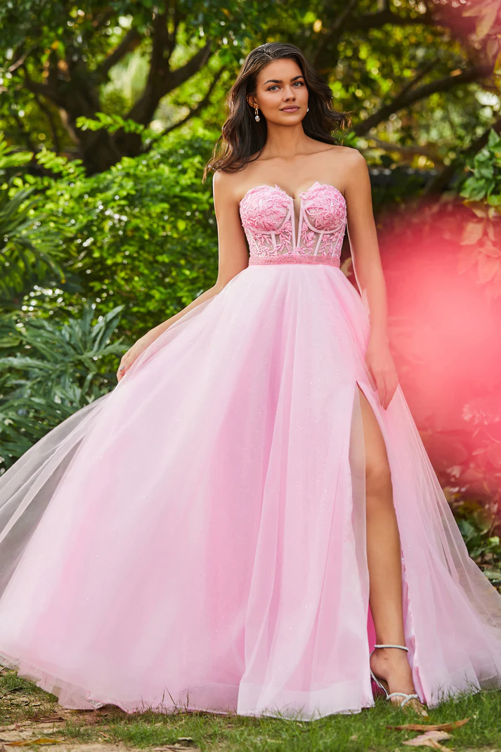 DingJiDress Formal Women's Dresses A-Line Sweetheart Strapless Slit Tulle Backless Lace Up Floor-Length Applique Beaded Prom Dresses