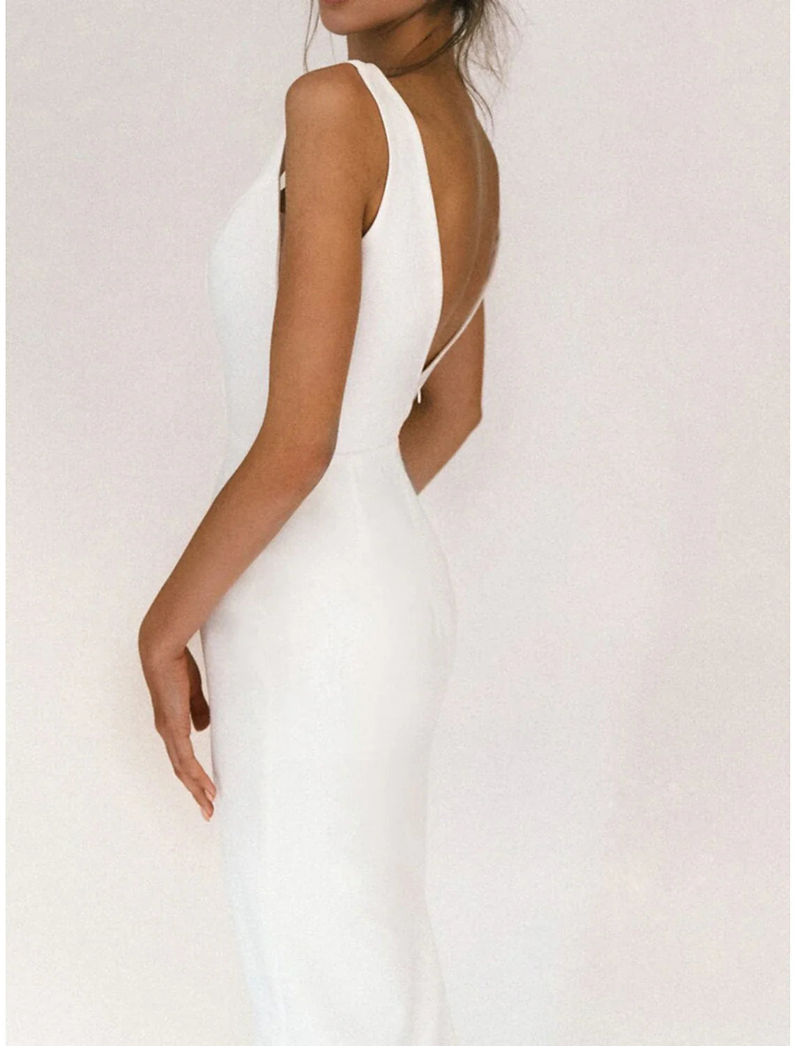 DingJiDress Reception Little White Dresses Wedding Dresses Sheath / Column V Neck Sleeveless Ankle Length Satin Bridal Gowns