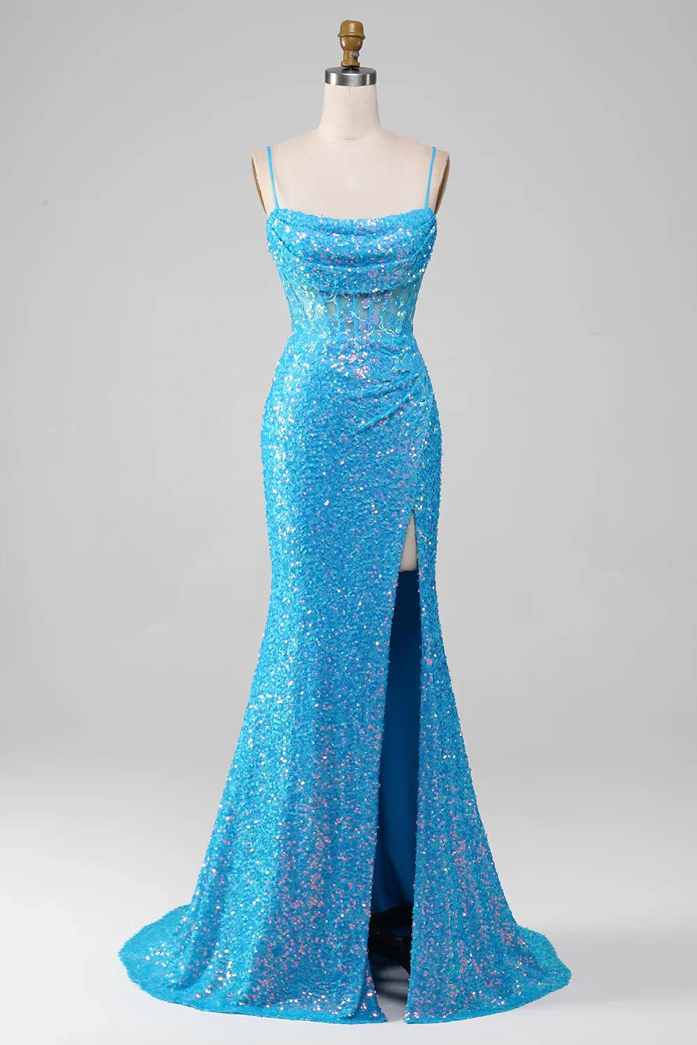 DingJiDress Spaghetti Straps Blue Sparkly Corset Prom Dress with Slit