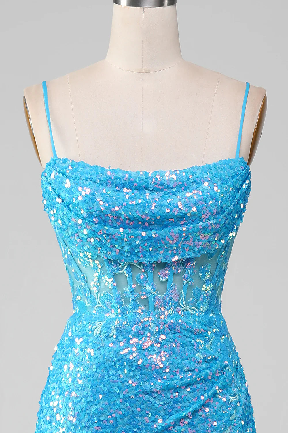 DingJiDress Spaghetti Straps Blue Sparkly Corset Prom Dress with Slit
