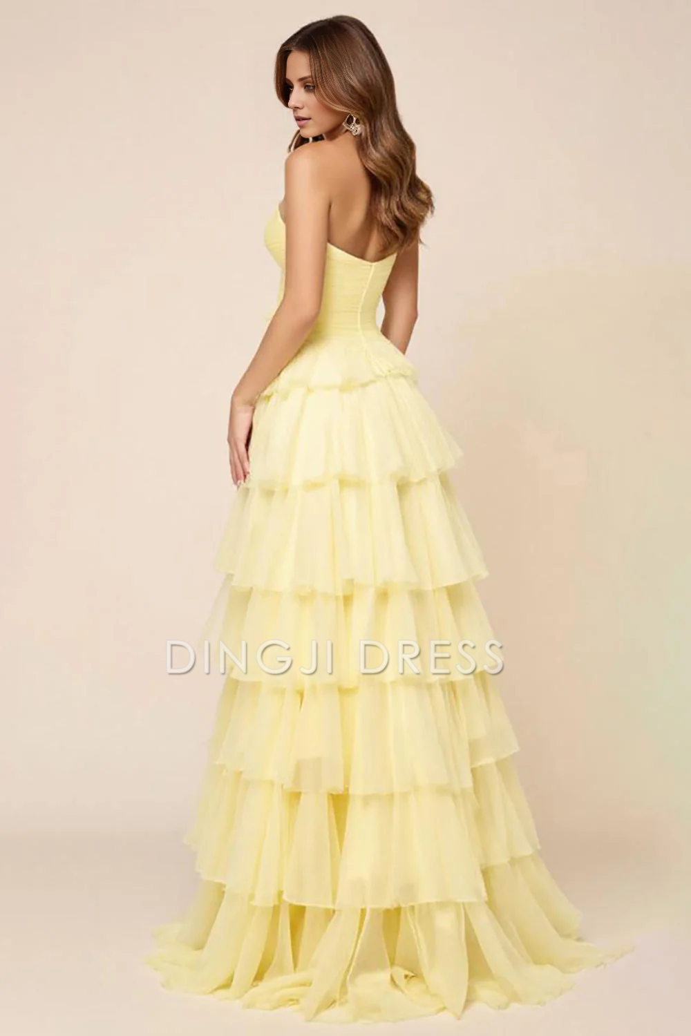 DingJiDress High Quality Dress Elegant Strapless Tulle Ruched Tiers With Slit Long Prom Dress