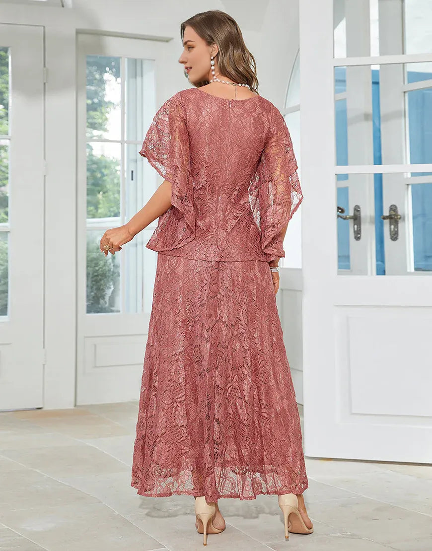 Black Lace A-line Round Neck Short Sleeves Mother of Bride Dress
