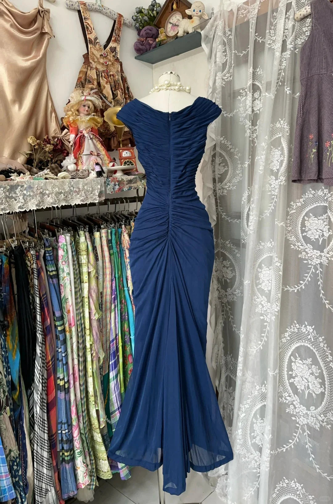 Navy Blue Mermaid Pleat Prom Dress Evening Party Dress