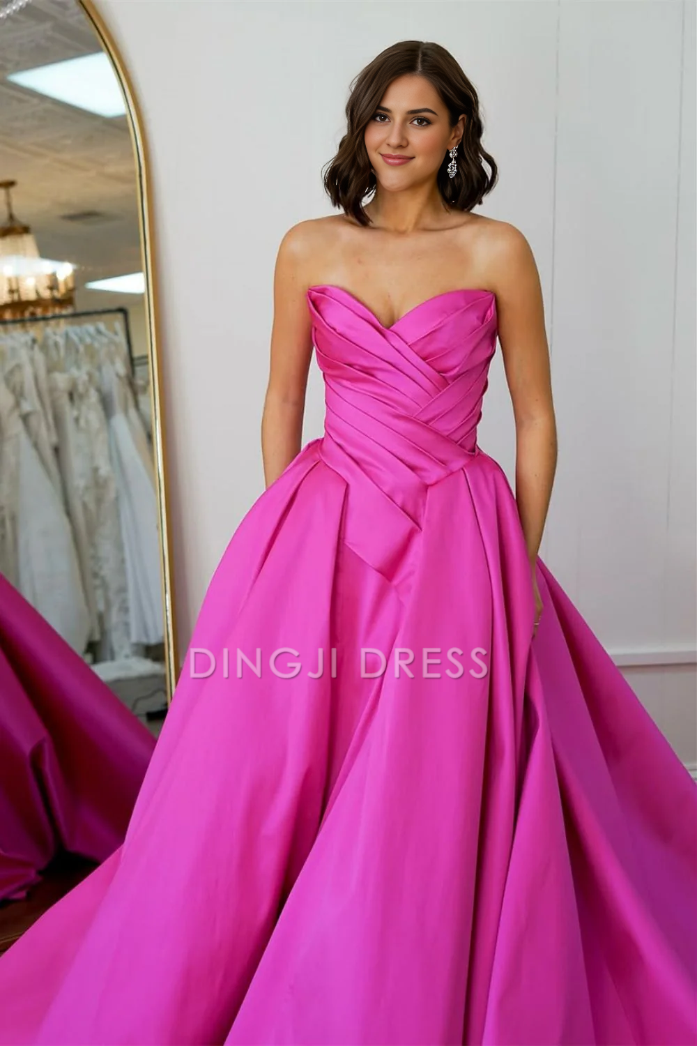 DingJiDress Elegant A-Line Strapless Pleated Long Court Train Satin Gorgeous Prom Dress