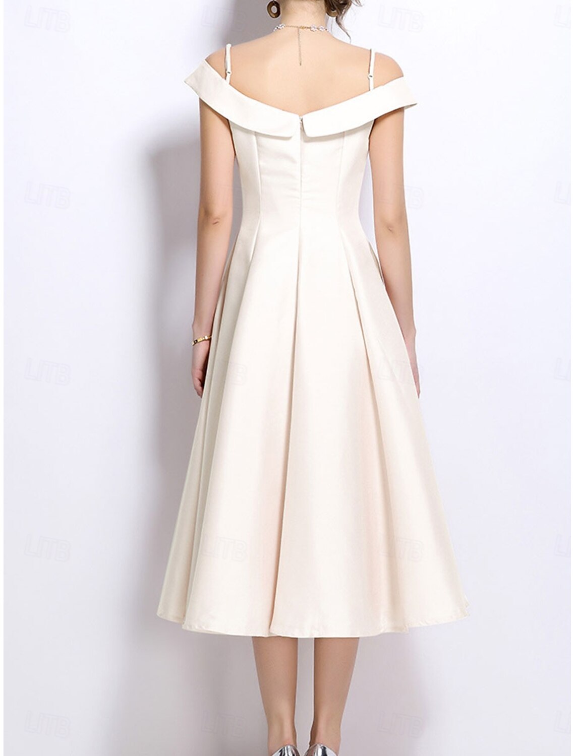 A-Line Party Dresses Elegant Dress Wedding Wedding Guest Tea Length Sleeveless Off Shoulder Polyester Backless with Pleats