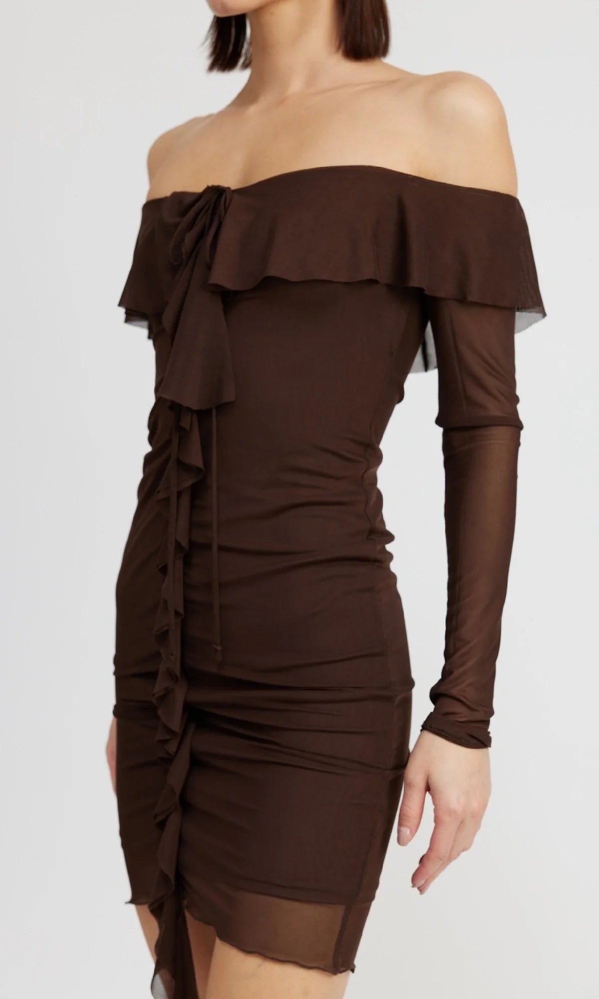 Chocolate Brown Short Party Dress with Sleeves ﻿