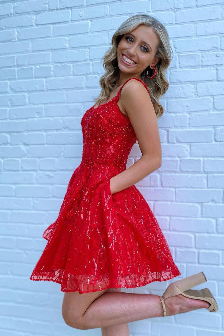 A Line V Neck Red Sparkly Tulle Lace Short Homecoming Dresses