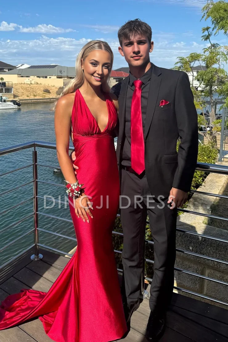 DingJiDress Charming Mermaid Deep V Neck Backless Satin Sexy Prom Dress
