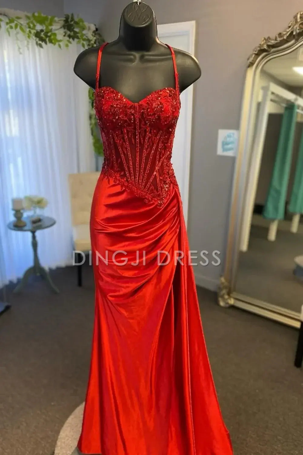 DingJiDress Stunning Mermaid Spaghetti Straps Pleated Long Glitter High Slit Luxurious Prom Dress