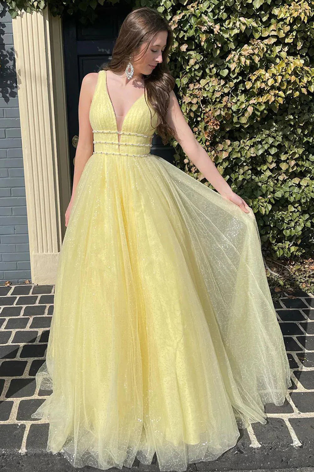Light blue deep V-neck long sheer ball gown