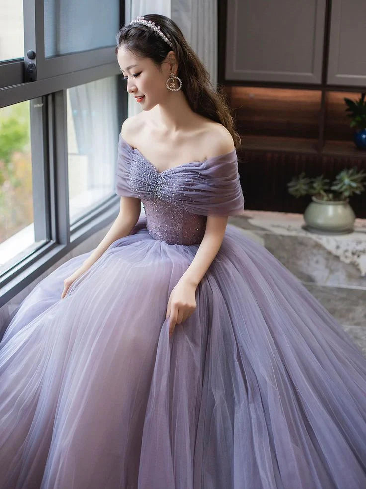 Purple A-Line Off Shoulder Tulle Beading Long Prom Dress