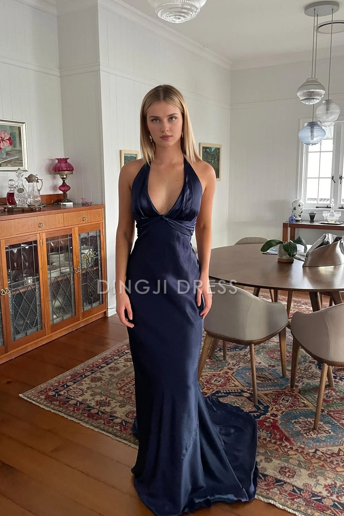 DingJiDress Chic Sheath Halter Neck Backless Bowknot Long Elegant Prom Dress