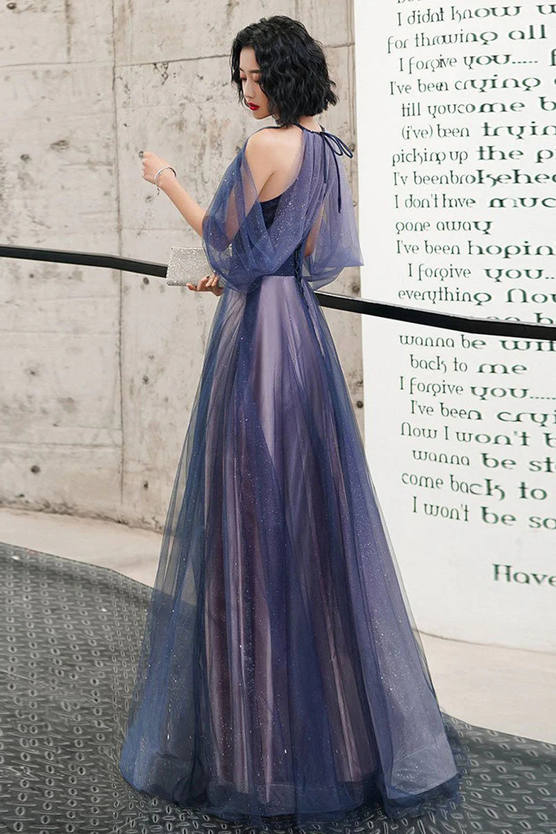 Blue tulle long prom dress blue tulle formal dress