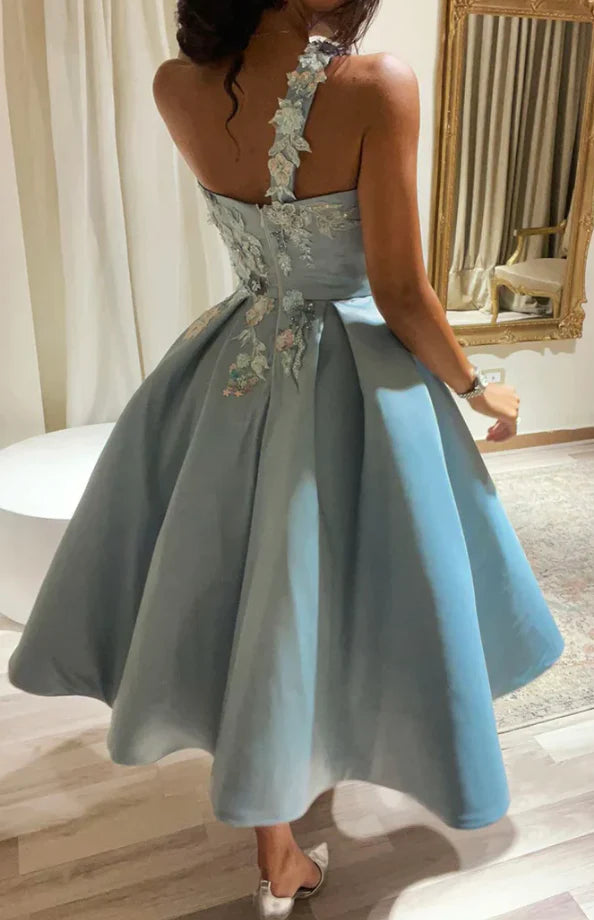 Blue Elegant Satin Single Shoulder Lace Short Ball Dress Evening Dress