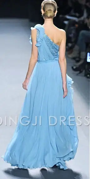 DingJiDress One Shoulder A Line Chiffon Ruched Irregular Romantic High Quality Prom Dress