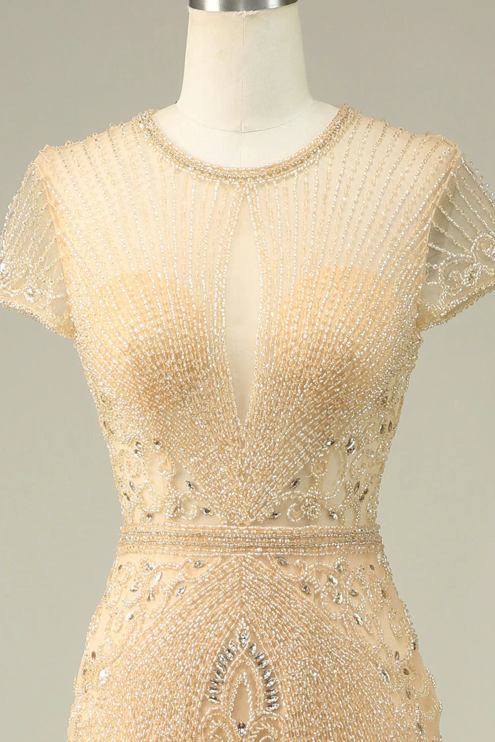 DingJiDress Luxurious Mermaid Jewel Neck Champagne Prom Dress with Beading