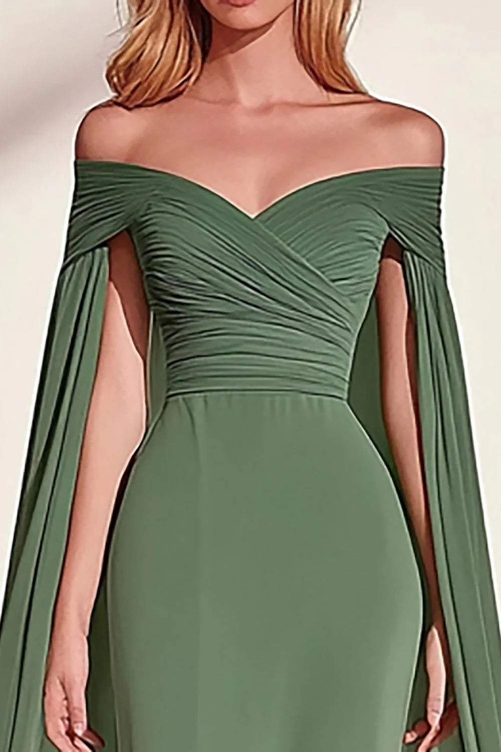 Eucalyptus Sheath Off the Shoulder Long Pleated Prom Dress with Cape