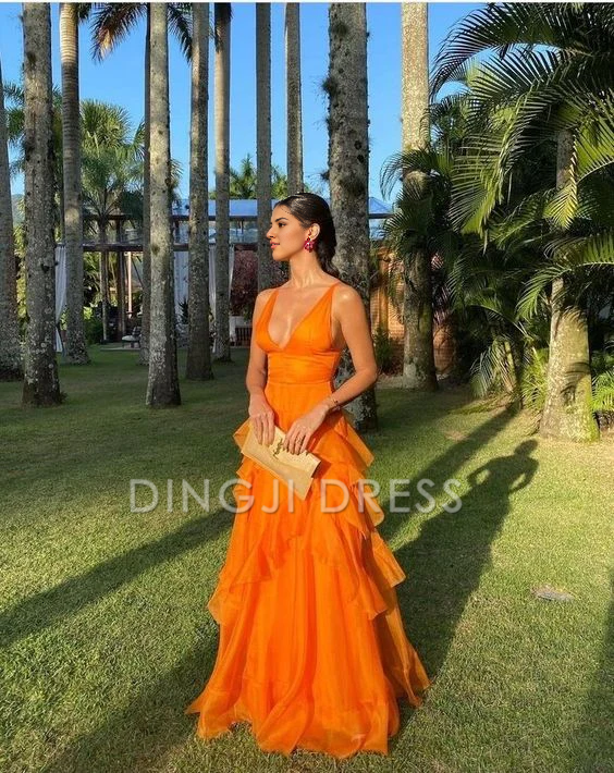 DingJiDress A line V Neck Sleeveless Tulle Ruffles Mid waist Long Romantic Fantastic Prom Dress