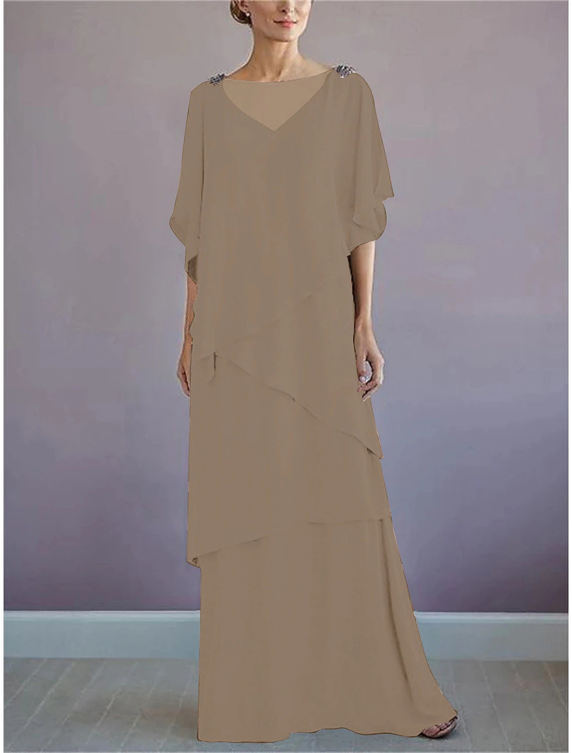 Beach Wedding A-Line Mother of the Bride Dress Formal Wedding Guest Elegant Bateau Neck Floor Length Chiffon Half Sleeve with Ruffles Draping Tier