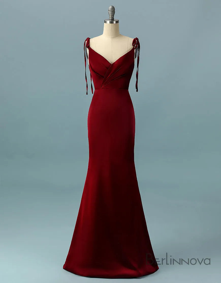 Red Long Satin V-neck Mermaid Ball Dress Party Evening Dress