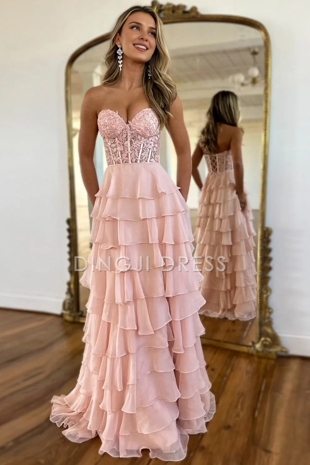 DingJiDress Elegant A-Line Sweetheart Lace And Chiffon layering With Slit Long Exquisite Prom Dress