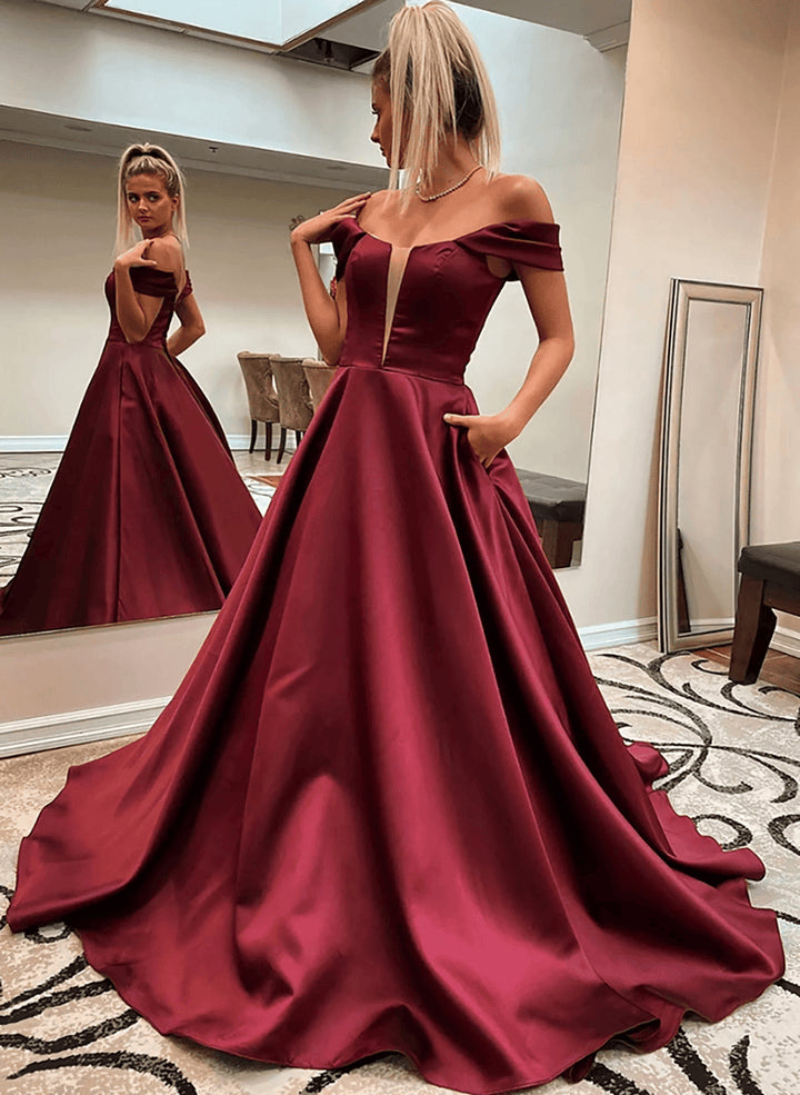 Wine Red Satin Off Shoulder Long Evening DressWine Red Prom Dress