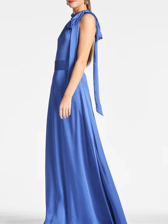 Blue long suspender hanging neck sleeveless floor length evening gown