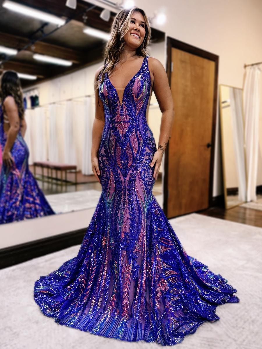 DingJiDress Charming Mermaid V Neck Backless Sequin Lace Long Sweep Train Prom Dress