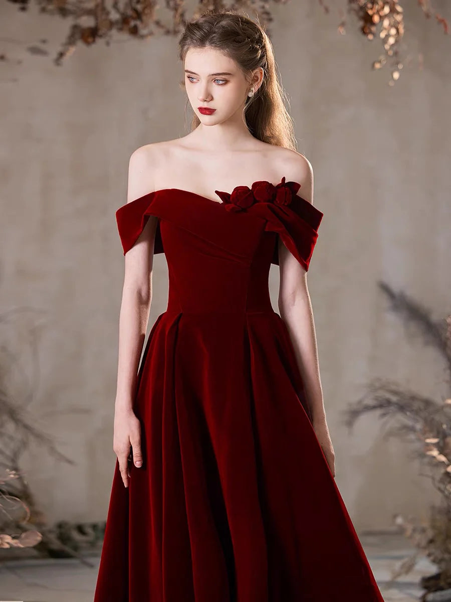 A-Line Off Shoulder Velvet Burgundy Long Prom Dress Burgundy Long Formal Dress