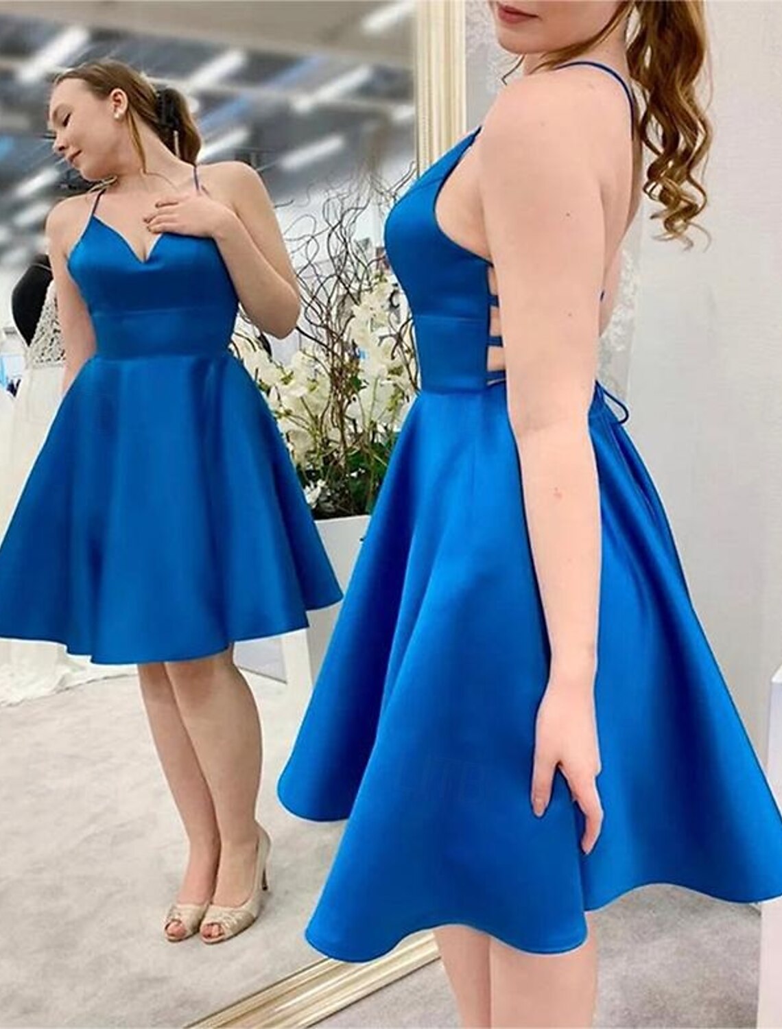 A-Line Homecoming Dresses Minimalist Dress Homecoming Graduation Knee Length Sleeveless V Neck Pocket Cotton Backless with Criss Cross Strappy