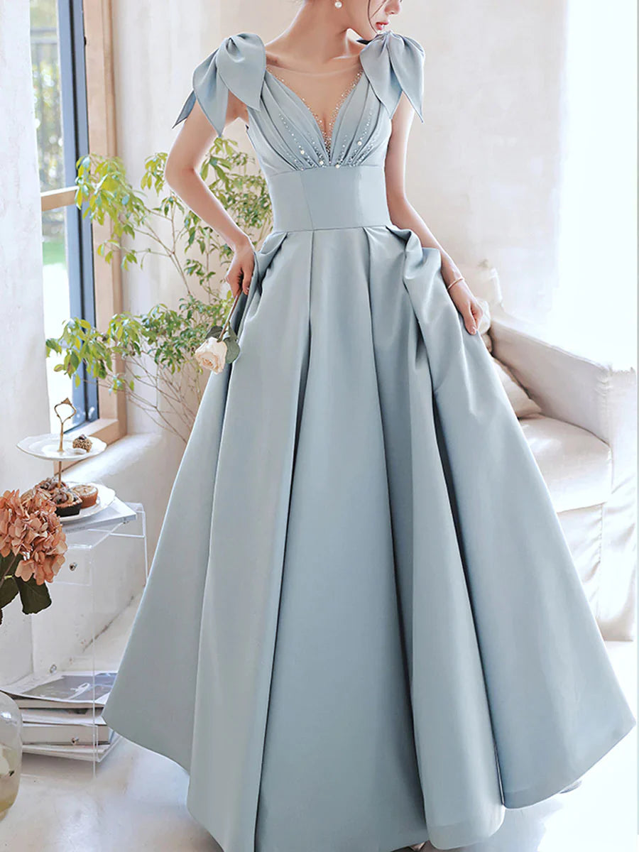 Blue Elegant V-neck Satin Pearl Long Ball Dress Evening Dress