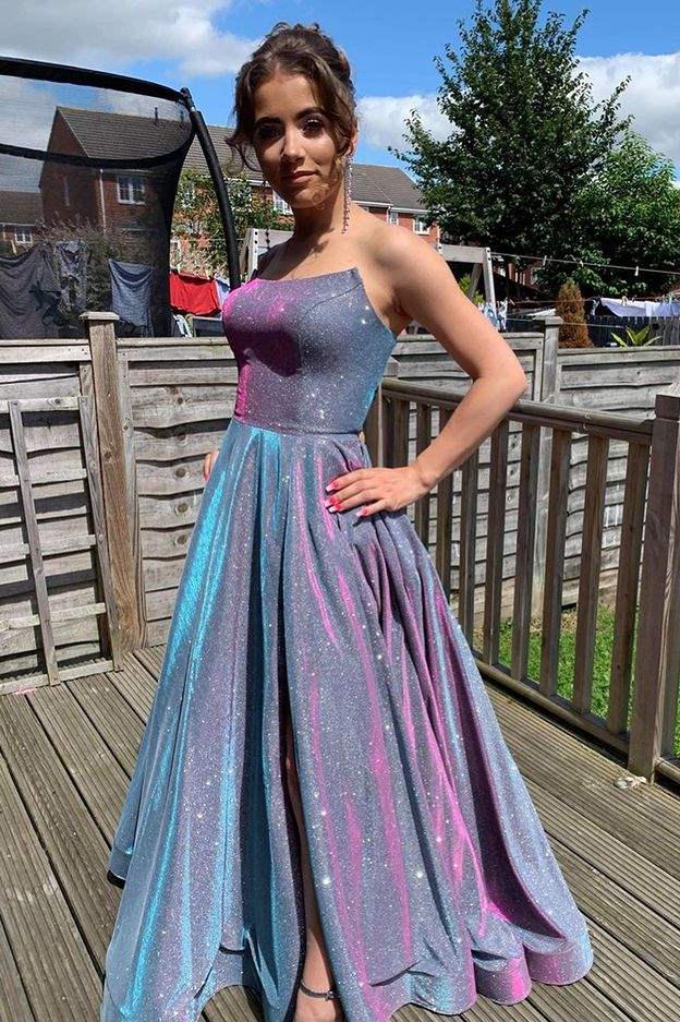 A-Line Purple Multi Sequin Strapless Prom Gown