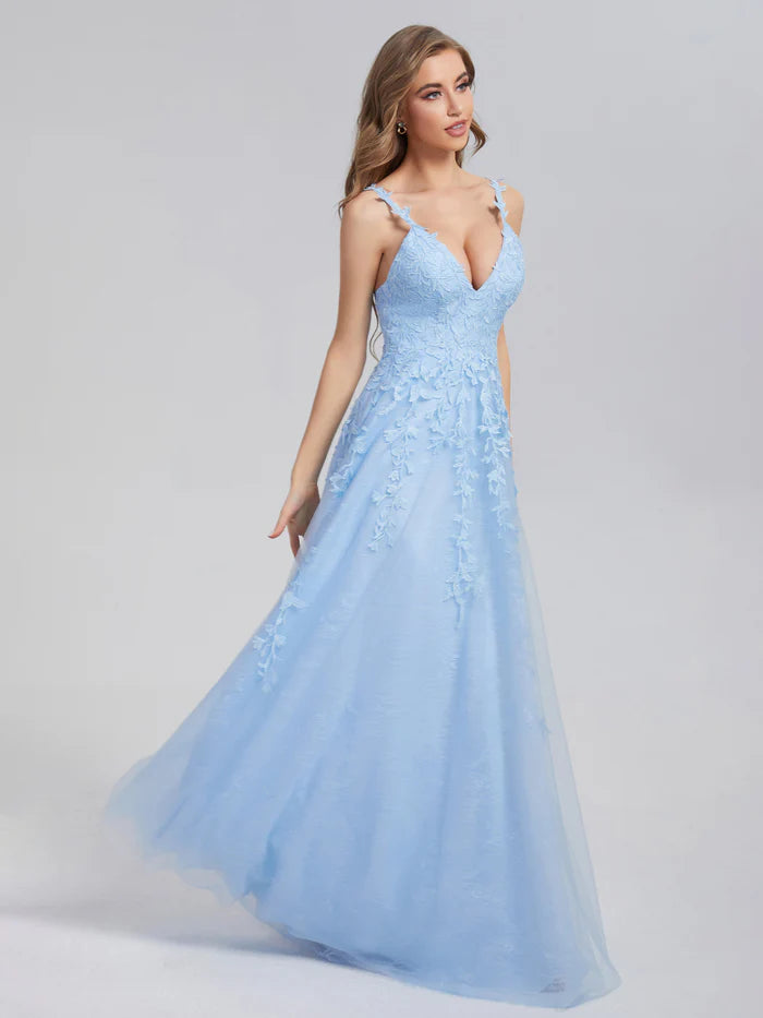 Charming A-Line V Neck Spaghetti Straps Back Zip Floor-Length Prom Dress with Appliques