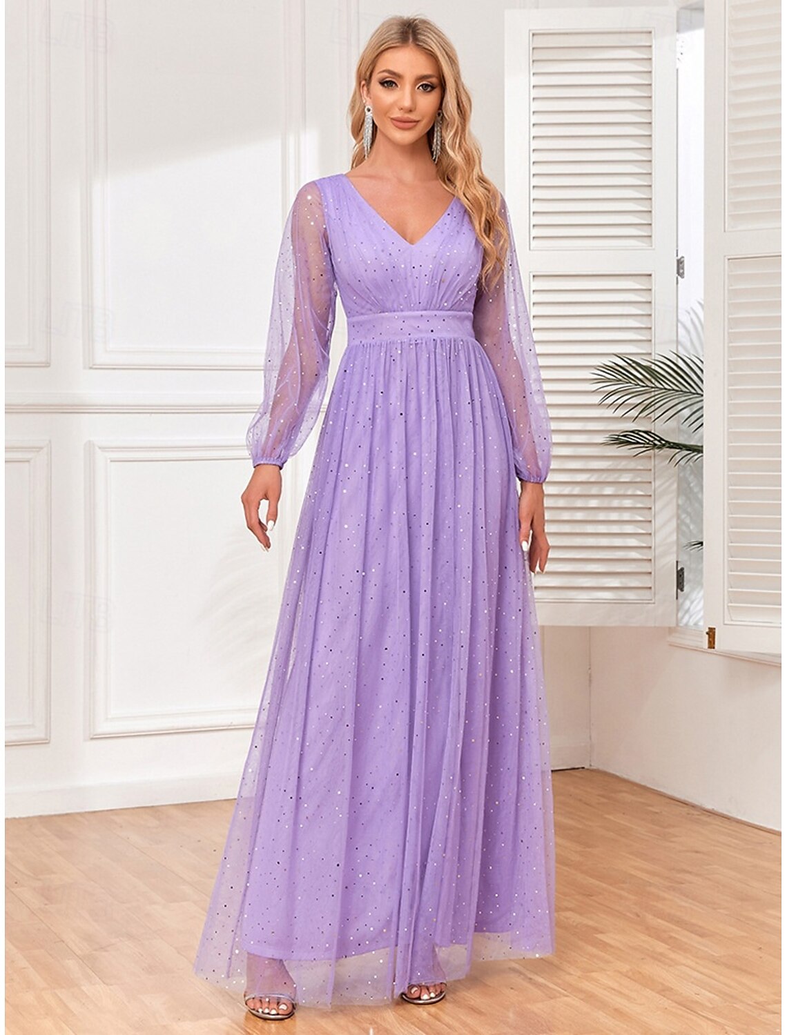 A-Line Evening Gown Elegant Dress Formal Wedding Floor Length Long Sleeve V Neck Belt / Sash Lace with Glitter