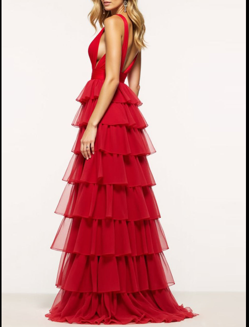 Red A Line Tulle Deep V-Neck Long Tiered Prom Dress with Ruffles