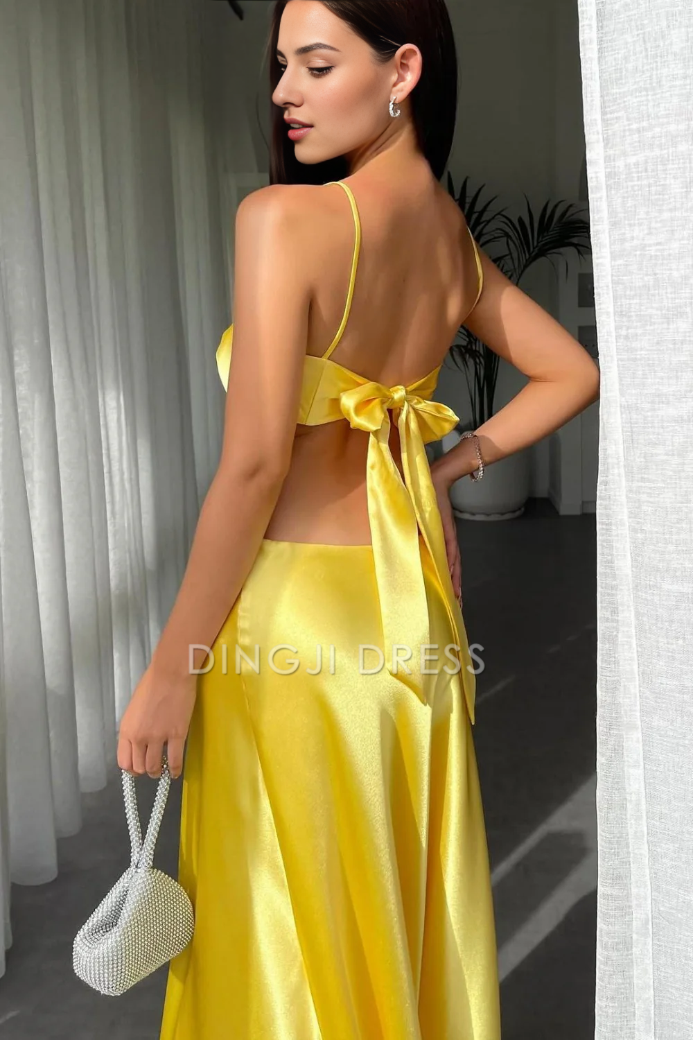 DingJiDress Stylish Sheath Waist Hollow Backless Tie Back Long Satin Charming Prom Dress