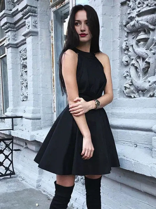 Black A Line Round Neck Pleated Satin Homecoming Short Prom Black Formal Graduation Evening