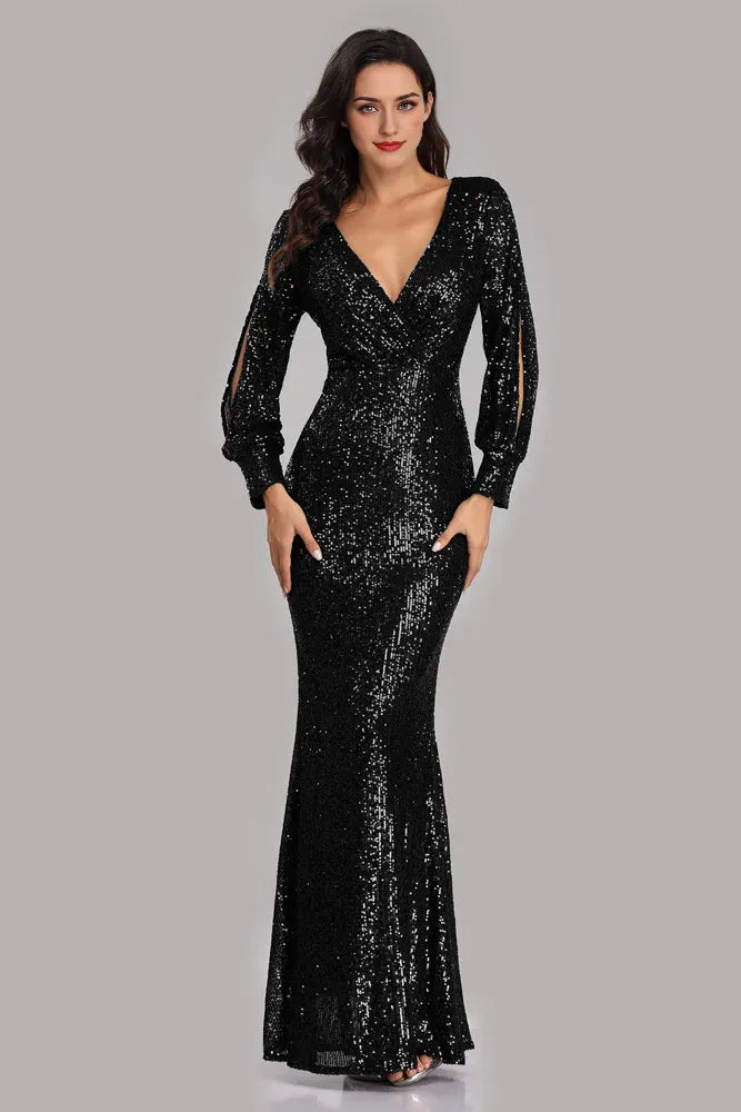 Long Sleeve V Neck Sequined Fishtail Evening Dress