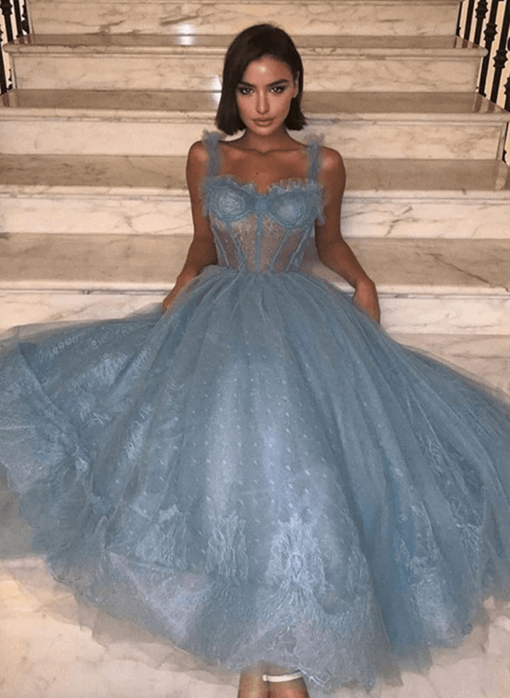 Gray Blue Lace Tea Length Homecoming DressA-Line Evening Dress Party Dress