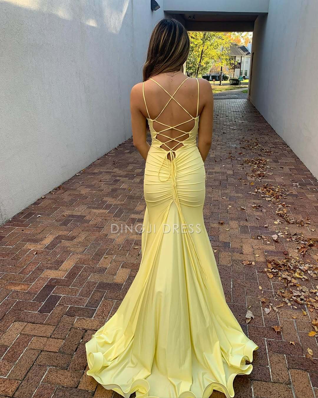 DingJiDress Mermaid V Neck Spaghetti Strap Backless Side Fork Long Charming Prom Dress