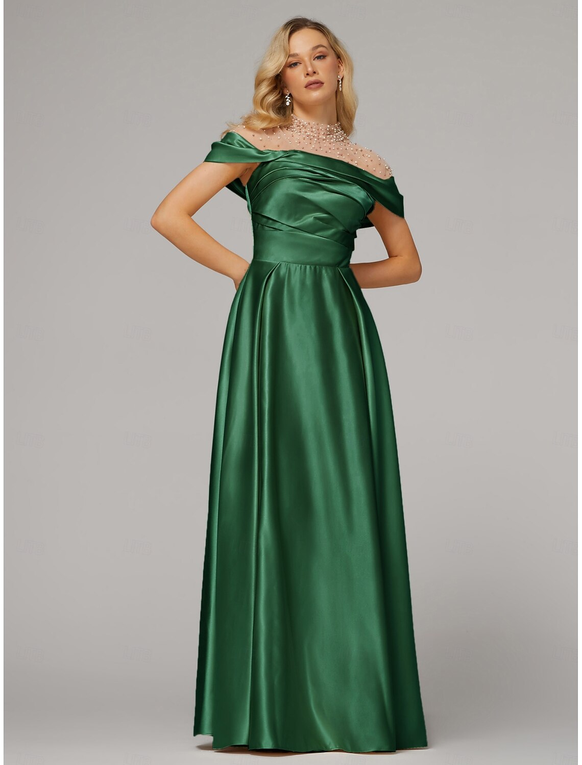 A-Line Evening Gown Elegant Dress Formal Floor Length Short Sleeve Illusion Neck Satin with Ruched Beading