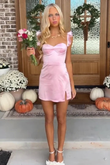 Cute Pink Straps Sweetheart Sleeveless Pleats Satin Short Homecoming Dress