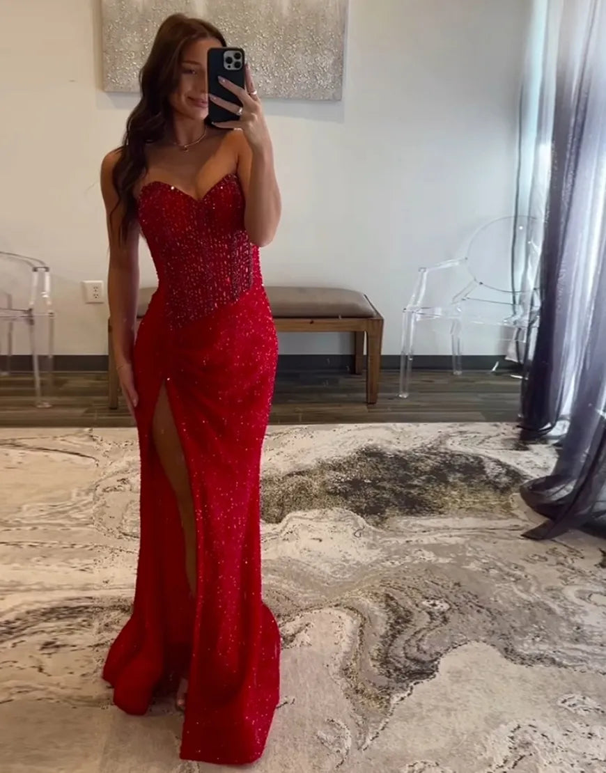 Blue sequined mermaid strapless tight long slit ball dress