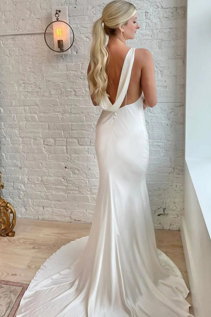 Elegant Mermaid Cowl Neck Silk Satin Wedding Dresses